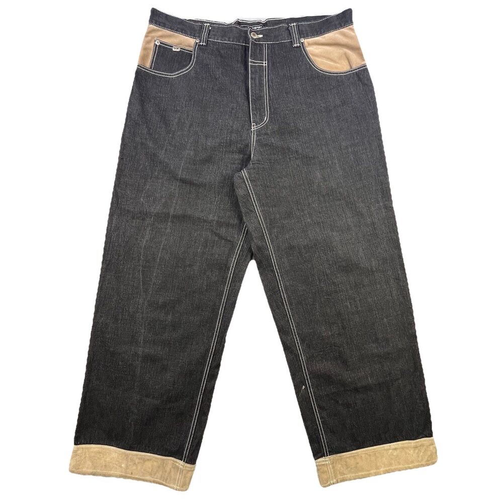 MUKA WEAR Jeans Men 42x31 Black Denim Cotton Suede Cuff & Pockets Baggy Hip Hop